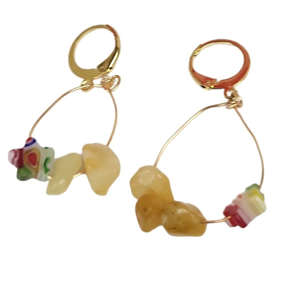 18k Gold Citrine Glass Flower Huggie Hoop Earring - Picture 1 of 2